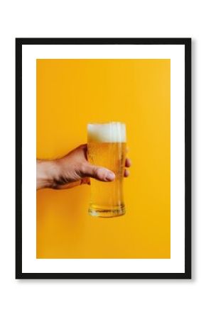 The hand is holding a glass of golden beer, indicating enjoyment and relaxation. The image can be associated with socializing, pubs, or celebrations.