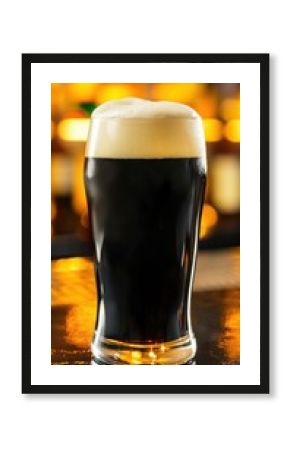 Dark stout beer with frothy top sits invitingly on a pub counter, perfect for St Patrick's Day festivity