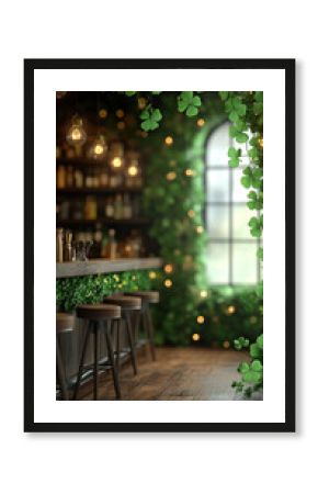 Cozy irish pub interior with clover decor and warm lighting
