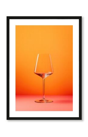 A glass wine glass is sitting on a table in front of a bright orange background