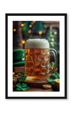 glass of beer on a bar counter in a pub during St. Patrick's Day celebrations