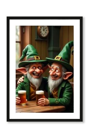 Two jolly leprechauns laughing and drinking in a cozy tavern on St. Patrick's Day