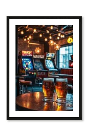 Two Beers On A Table In An Arcade Bar