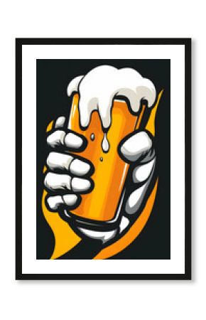 Hand holding frothy beer pint, fiery background, pub scene, perfect for bar menu or beer advertising