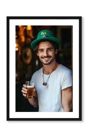 Man wearing green St. Patrick's Day hat celebrates while holding a beer in a cozy bar