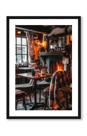 Cozy rustic interior of a charming pub with warm fireplace glow