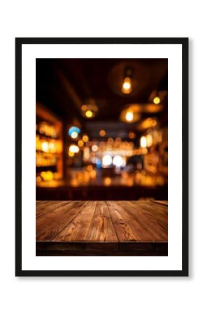 Empty wooden table in cafe setting ideal for product display featuring blurred bokeh background creating abstract for bar restaurant or coffee shop interior space for celebration business or lifestyle
