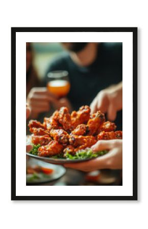 Delicious buffalo wings platter in social gathering setting