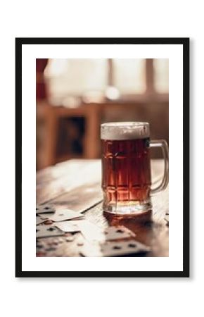 Refreshing Glass of Beer on Wooden Table with Playing Cards in Cozy Setting