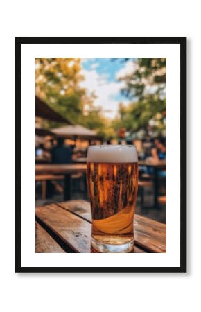 refreshing glass of golden beer with bubbles and frothy foam sits on a wooden table in an outdoor beer garden. The blurred background shows people enjoying a sunny day under trees and umbrellas