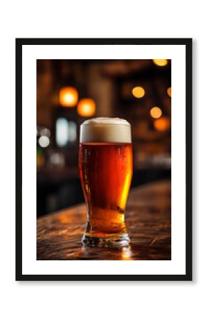 Amber beer in glass, frothy head, sits on dark wood bar top, blurred warm background, showcasing refreshing drink in pub atmosphere