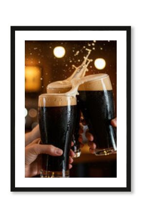 Cheers with craft beer in bar. Friends joyfully toasting with frothy cold dark stout beer glasses, foam spills splashing. Perfect for celebrations, parties, pub marketing, Oktoberfest, Beer Day events