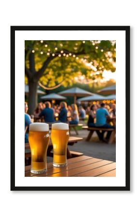 Refreshing pints of golden beer at sunset in festive outdoor bar setting with people enjoying drinks and conversation   