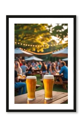 Two cold craft beers on a wooden table in a lively outdoor beer garden with string lights and social gathering in background  