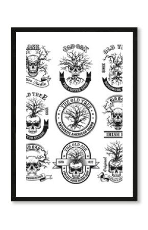 Old oak emblems set. Monochrome design elements with human skulls, dead trees and text. Gothic concept for tattoo studio stamp, coffee shop label, Irish pub sign templates