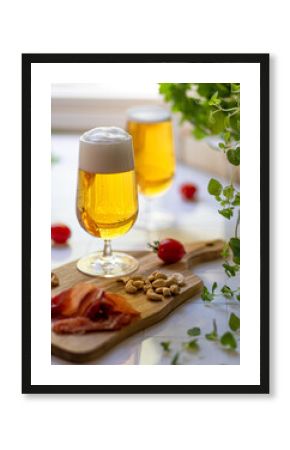 Beer wheat blonde in glass with foam on white background 