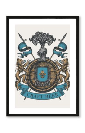 Hand-drawn banner for craft beer with a coat of arms in vintage style. Vector brewery emblem or label with a wooden barrel, lions, flags, spears, ribbon, helmet and a fleur de lis on a knightly shield