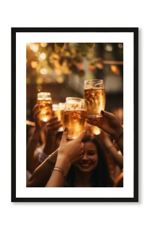 toast with beer in a group of friends happy and celebrating, Mexico Latin America