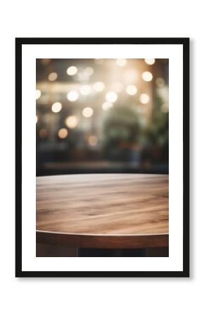 Empty wooden table and Coffee shop blur background with bokeh.