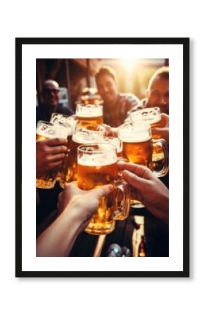 A group of friends clink glasses with beer