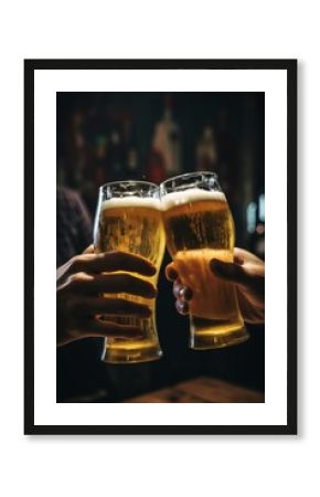Two man hands clink glasses of beer with splashes and foam on English pub background