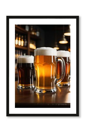 Photo Of Mugs Full Of Beer On A Bar Counter, Dramatic Lighting Illustration.