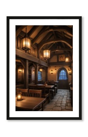 Photo Of Warm Lit Friendly Medieval Fantasy Tavern Inn, Lanterns, Concept Art Interior, Adventuring Dungeons And Dragons