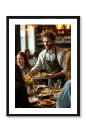 Happy waiter serving food to group of friends in a pub