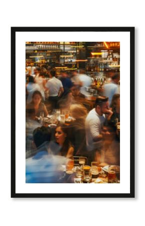 crowded restaurant with people dining and waiters, bartender and chefs working, blurred motion, cafe with crowd