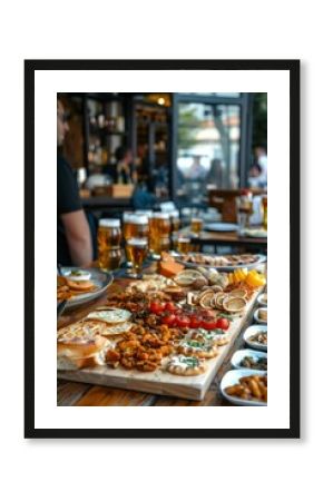 Table with beer and snacks for a large group. Lots of different food for meeting friends in a pub or beer bar