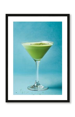 Green matcha martini on blue background. Trendy summer drink concept. Refreshing beverage. Design for banner, poster