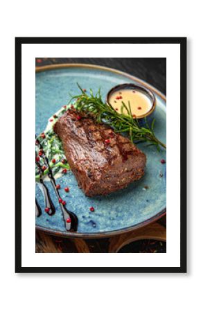 Juicy beef steak, neck loin. Menu for a pub on a dark background. Colorful juicy food photography.