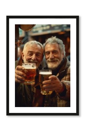 Two men are smiling and holding glasses of beer. They are enjoying each other's company and the moment