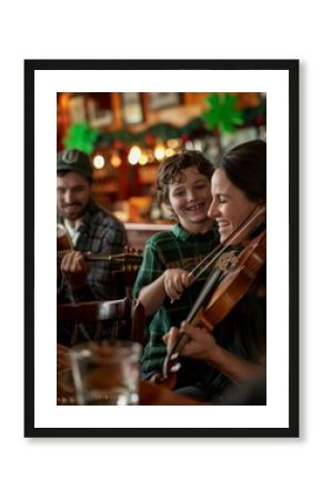 Joyful Irish Family Celebrates St. Patrick's Day with Traditional Music in a Pub