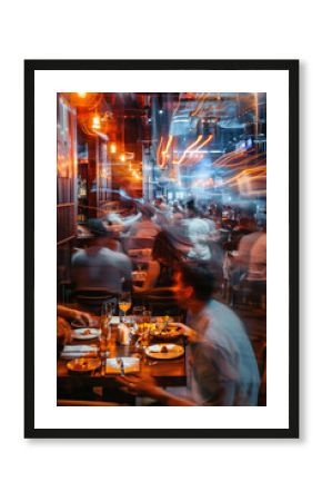 crowded restaurant or pub with people dining and waiters, bartender and chefs working, crowd drinking and eat in full bar or cafe, blurred motion