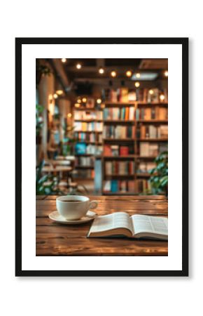 Generative AI image of a cup of coffee and a book on a wooden table in a bookstore pub with an out-of-focus background filled with shelves of books.