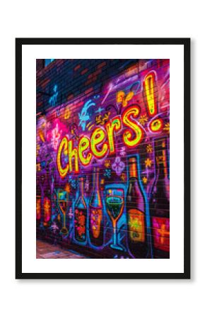 Cheers graffiti vibrant neon mural urban art festive celebration street colorful wall painting drinks night out party message joyful celebration nightlife club pub bar Happy Hour cocktail advert ad