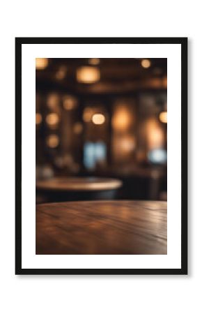 Wooden round table and pub or bar blur background