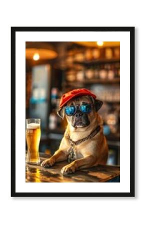 A pug dog wearing blue sunglasses and red cap sitting on the bar counter with beer glass in front of him