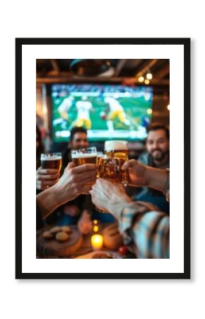 Beer toast during a soccer match on a blurry bar background