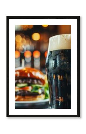 A frosty glass of dark beer with thick, creamy foam, next to a juicy burger on a wooden table in a dimly lit pub setting. Focus on chill beer glass