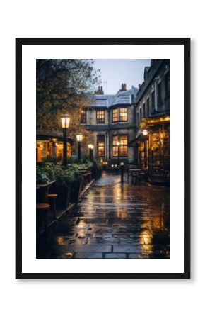 traditional pub on a rainy street of an English city, architecture, house, windows, building, England, Great Britain, Scotland, bar, hotel, lights, evening, night, paving stones, European town, puddle