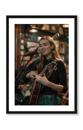 A talented young woman sings and plays guitar while engaging the audience at a cozy pub