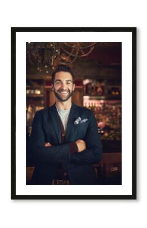 Gentleman, restaurant and portrait of business man with confidence, pride and smile in nightclub. Manager, owner and person with fashion, elegant style and crossed arms in pub for hospitality career