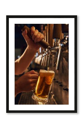 Female bartender pouring lager foamy beer from tap into mug. Modern beer bar, restaurant. Concept of beer, brewery, pub, Oktoberfest, traditions
