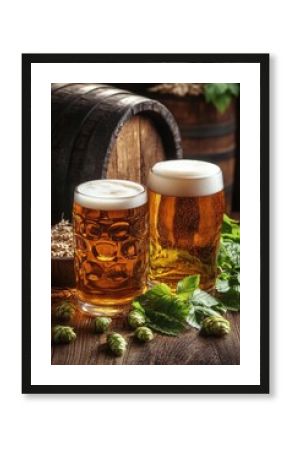 Refreshing amber beer served in frosty mugs beside a wooden barrel on a rustic table