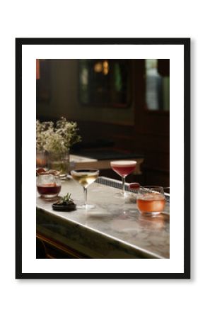 Set of various cocktails on bar counter. Assortment of alcoholic cocktails on restaurant bar