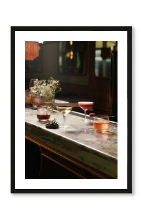 Set of various cocktails on bar counter. Assortment of alcoholic cocktails on restaurant bar