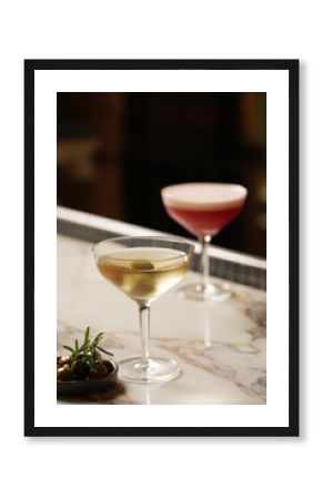 Set of various cocktails on bar counter. Assortment of alcoholic cocktails on restaurant bar