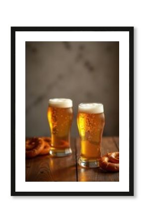Refreshing pint glasses of beer paired with soft pretzels, perfect for food and beverage promotions, events, or pub advertising.